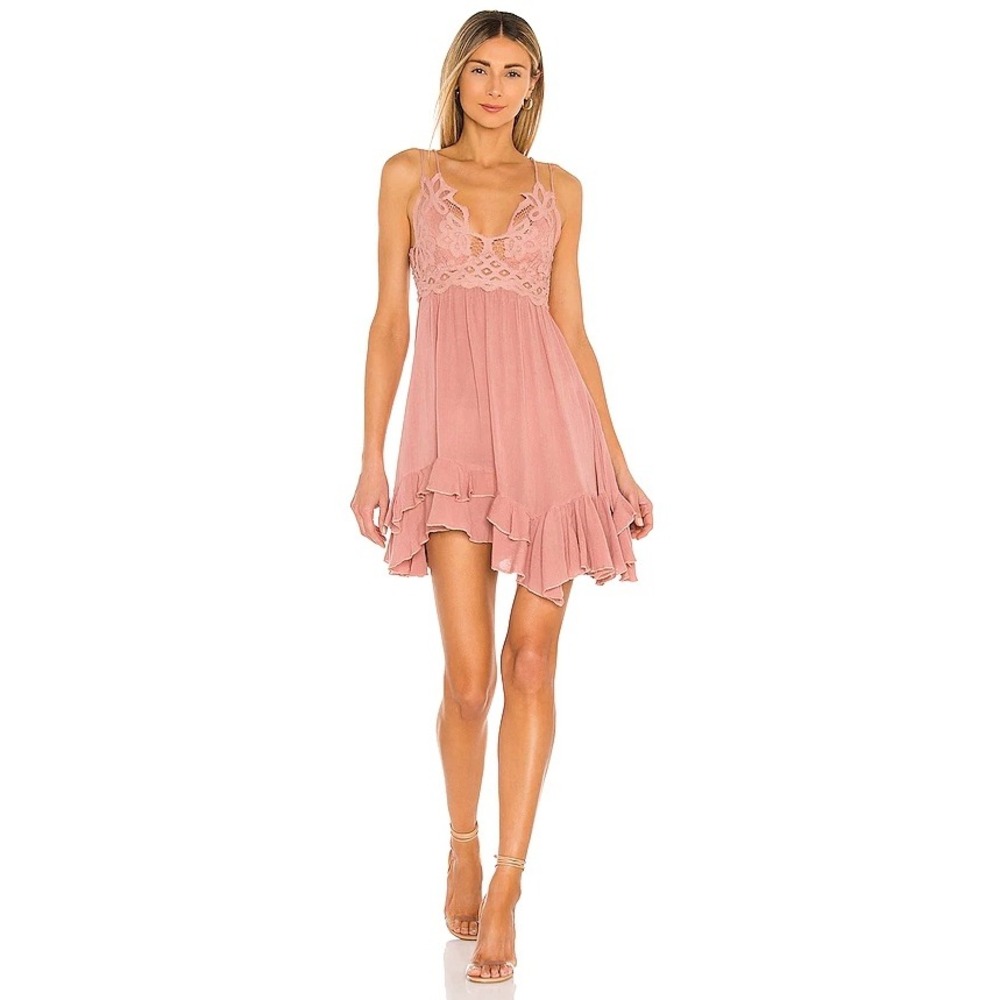 Free People One | Adella Slip Dress Rose Pink Boho Lace Mini Size L - Picture 1 of 15